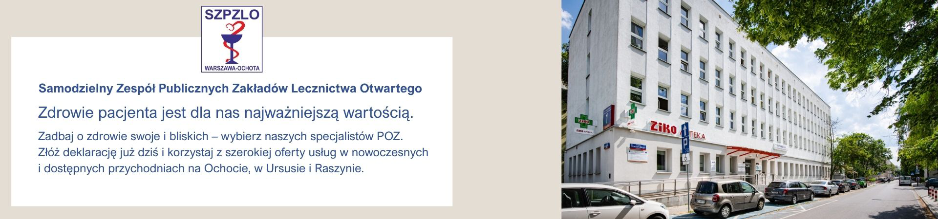 Slajd promujący przychodnię Rejonowo-Specjalistyczną_Skarżyńskiego1 – informacja o dostępności specjalistów POZ oraz zachęta do składania deklaracji wyboru placówki Rejonowo-Specjalistycznej_Skarżyńskiego1. Logo NFZ.